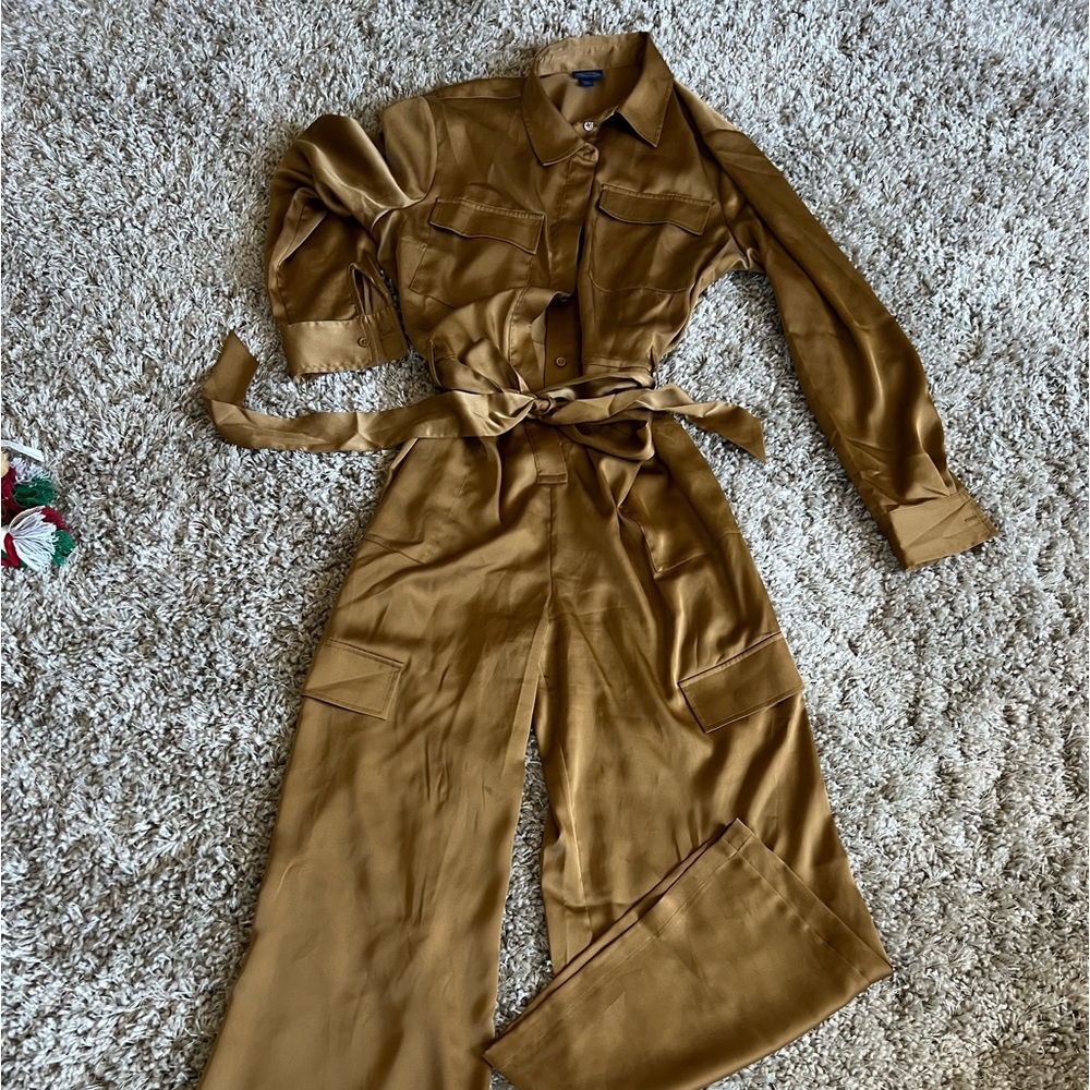 women's crop wide leg jumpsuit size large 12-14 with tie at waist